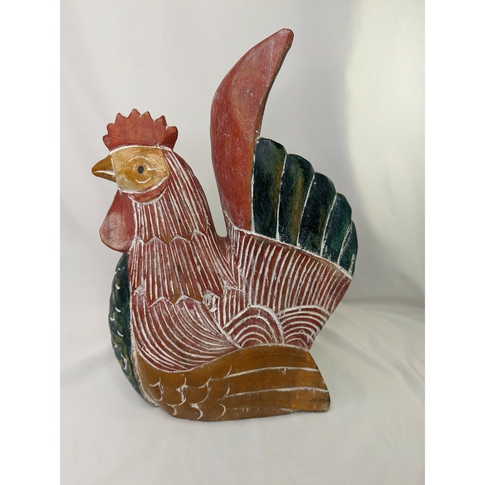Folk Art Wooden Rooster Figure 15 Inch Chicken Hen Primitive Carved